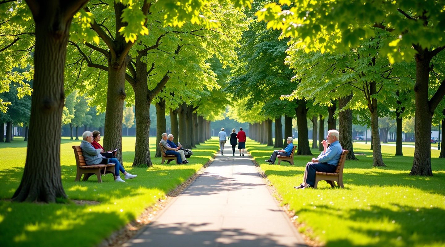 Skaists pilsētas parks ar zaļiem kokiem, soliem un senioriem, kas staigā pa ceļiem