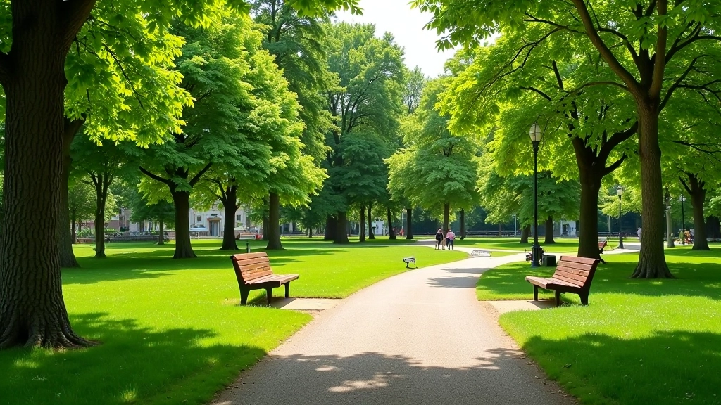 Uzvaras parks ar sēdņiem, zālieniem un sportiskajiem laukumiem