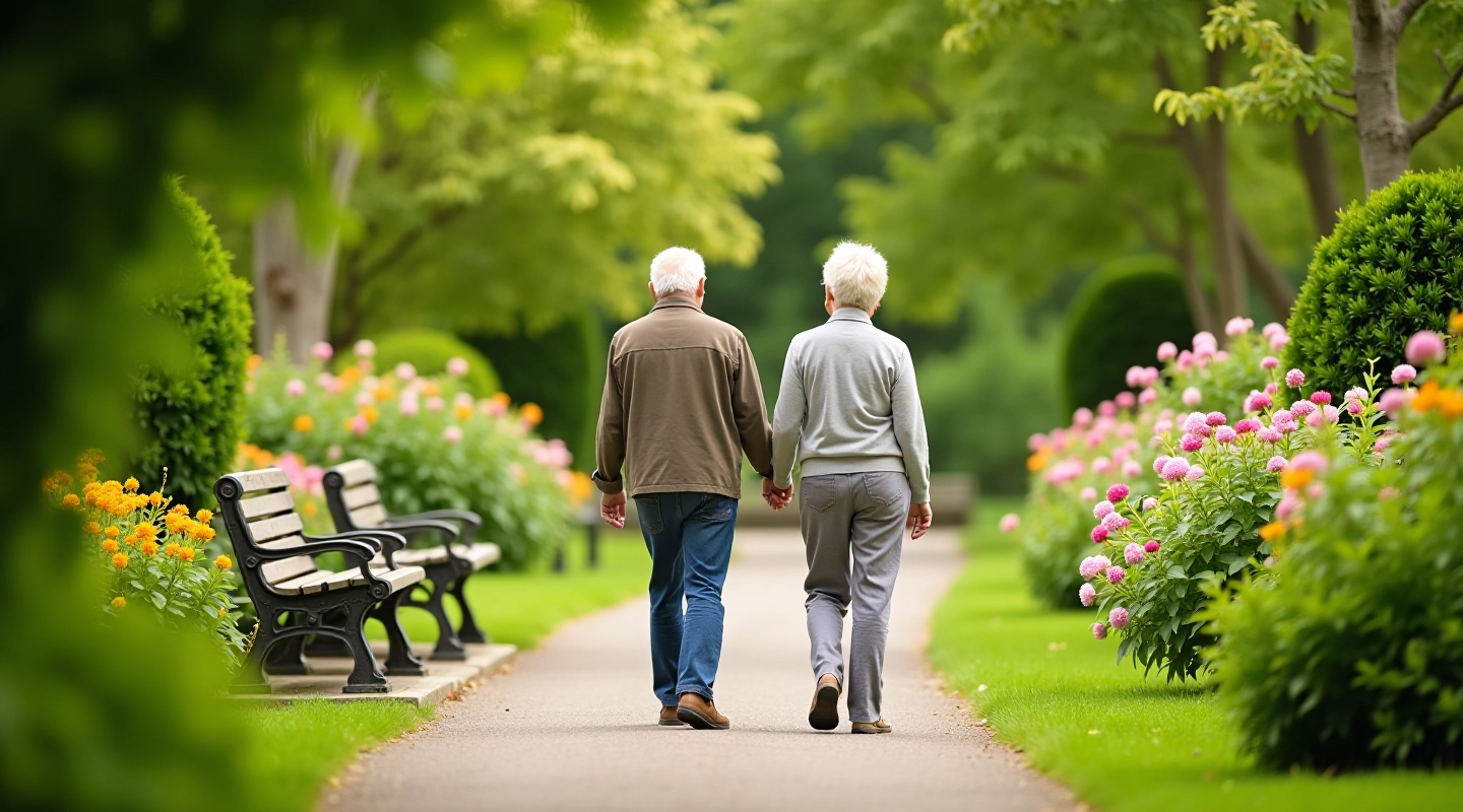 Seniori staigā cauri zaļam parku ar daudzveidīgiem augiem un ērtu sēdvietu