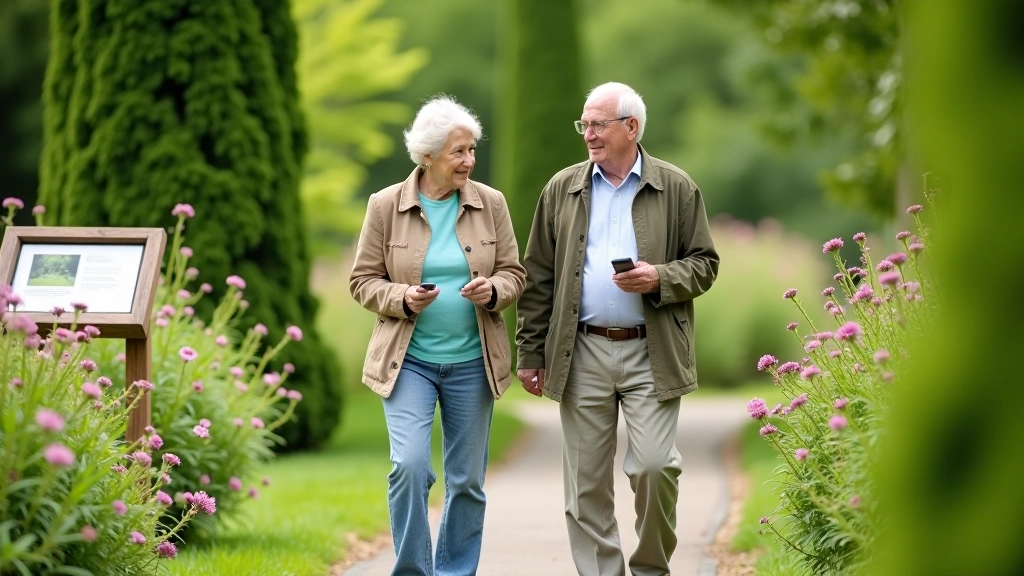 Seniori, kas pastaigājas botāniskā dārzā, apstājoties pie ziedošiem krūmiem un lasot informācijas plāksnītes
